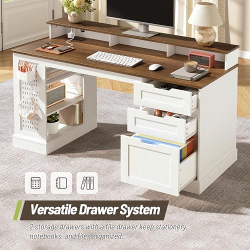55-inch Farmhouse Executive Desk with 2 Drawers and File Cabinet, Computer Desk with 3-Tier Storage Shelves, Home Office Desk with Charging Station, Pegboard & Monitor Shelf, White and Walnut