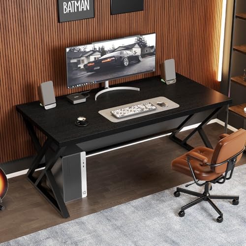 LVB 55 Inch Black Modern Computer Office Desk Metal & Wood Writing Desks