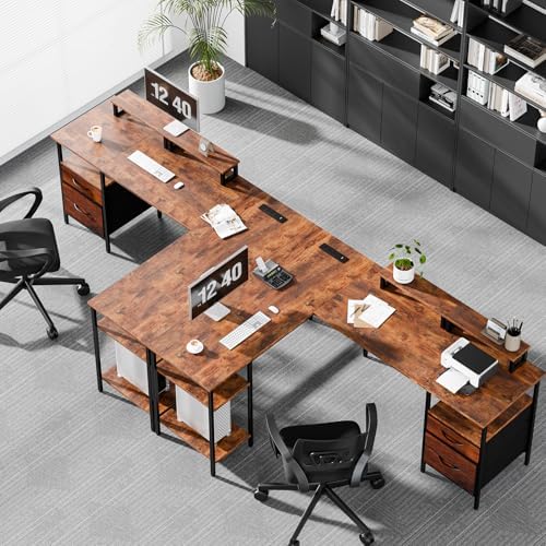 DUMOS 62” L Shaped Desk with Drawers and Power Outlet, Rustic Brown