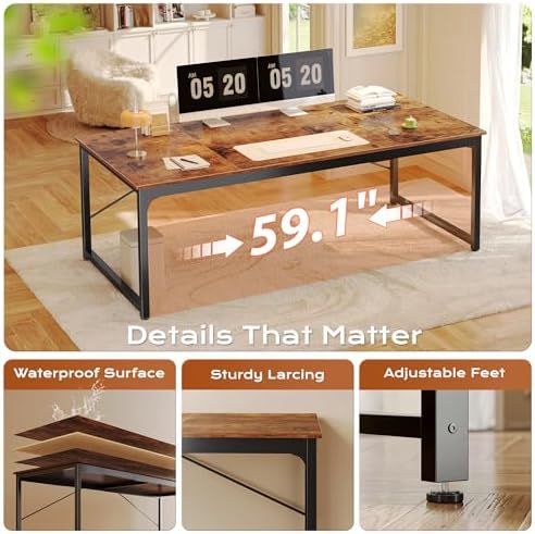 PRAISUN 63 X 29.5 Inch Computer Desk with Deeper Desktop, Gaming Office Writing Work Desk for Home Office, Study, Bedroom, Work from Home, Metal Frame, Rustic Brown