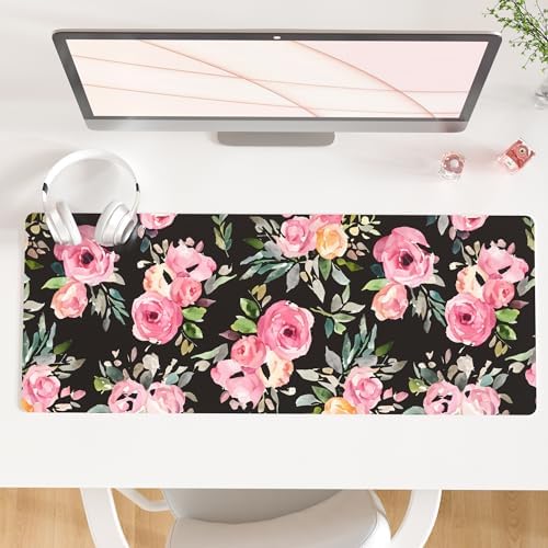 QiyI PU Leather Large Mouse Pad, Office Décor, 31.5" x 11.8", Pink Flowers
