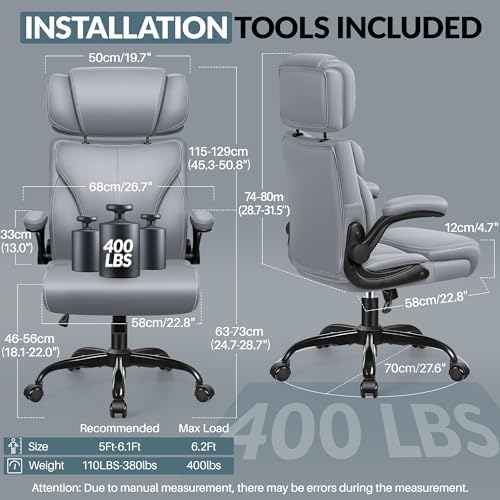 Office Chair, Ergonomic Big and Tall Computer Desk Chair with Retractable Adjustable Headrest, Executive Breathable Leather Chair, Lumbar Support Swivel Flip-up Armrests Rocking Function,Matte Gray