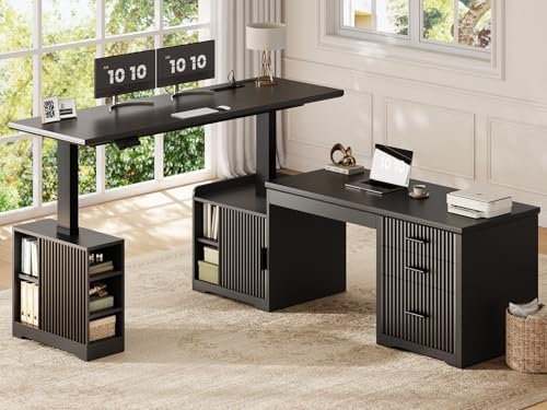 SEDETA Fluted L Shaped Electric Standing Desk, 63" x 67" Height Adjustable Home Office Executive Desk with Drawers and Shelves, Two Person Desk with Power Outlet for Home Office, Black