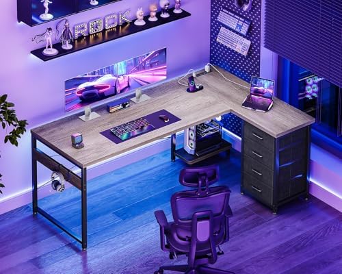 AODK 61" L Shaped Gaming Desk with 4 Drawers and Power Outlets, Grey