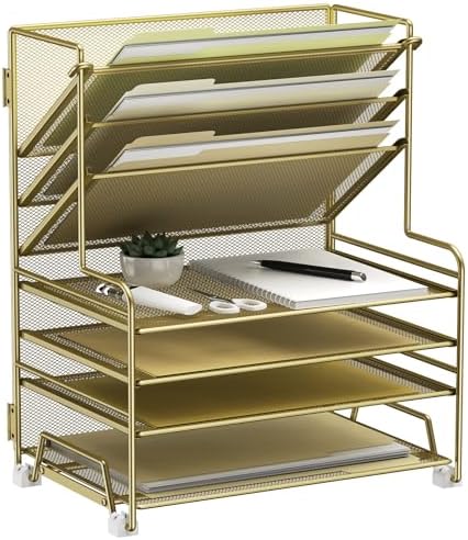 MINDEPOT 4-Tier Paper Organizer + 3-Pocket File Holder + Drawer + Pen Holders, Desktop File Organizers Paper Tray for Office Supplies School Classroom Organization (Gold, no Drawer & Pen Holder)