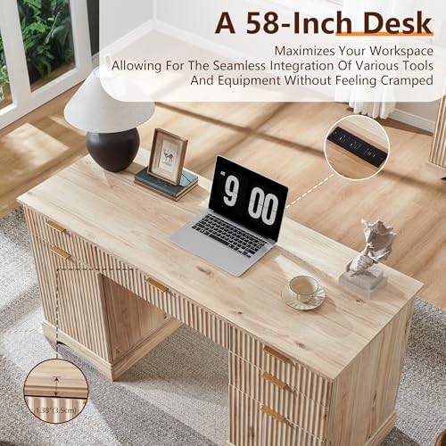 58" Modern Wood Executive Desk with 5 Drawers & 1 Cabinet, Built‑in Outlet