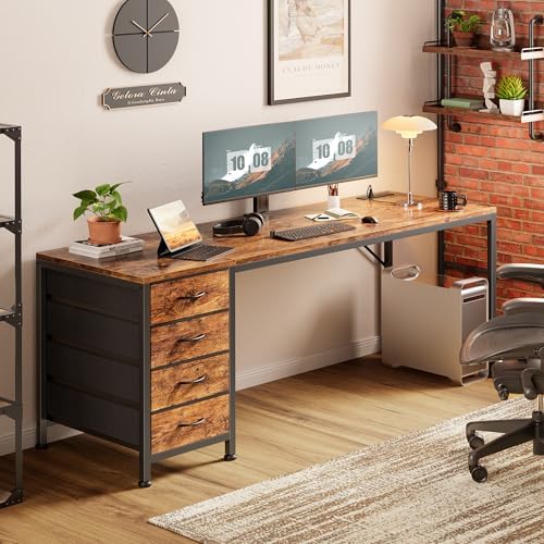 PRAISUN 63 Inch Computer Office Desk with Power Outelts and USB-C Port, Reversible Gaming Desk with 4 Fabric Drawers, Work Study Desk Work from Home, Rustic Brown