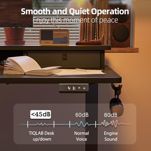 TIQLAB Standing Desk with Two Drawers, Stand Up Standing Desk Adjustable Height, Electric Sit Stand Table with Storage Shelf and Splice Board, 55 * 24 inch, Black