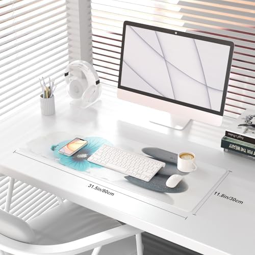 QiyI PU Leather Large Mouse Pad, Office Decor, 31.5" x 11.8", Blue Hibiscus