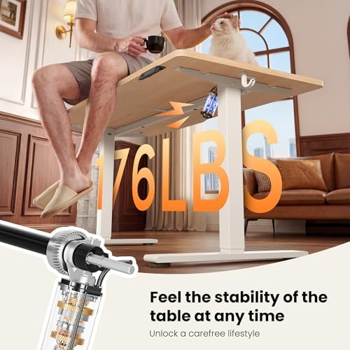 CubiCubi Electric Standing Desk 55 x 28 Inch, Height Adjustable Sit Stand Desk with Memory Presets, Splice Desktop Computer Desk for Home Office, White Frame/Nature Top