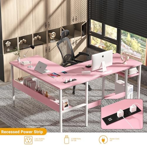 Unikito Reversible L Shaped Desk with Magic Power Outlets and USB Charging Ports, Sturdy Corner Computer Desk with Storage Shelves, Gaming Table Home Office Desk, Easy to Assemble, Pink