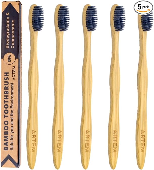 ARTEM Bamboo Toothbrush with Soft Bristles – Eco-Friendly, Biodegradable & Compostable – Natural Wooden Toothbrush for Adults & Kids – Plastic-Free Oral Care (Pack of 5)
