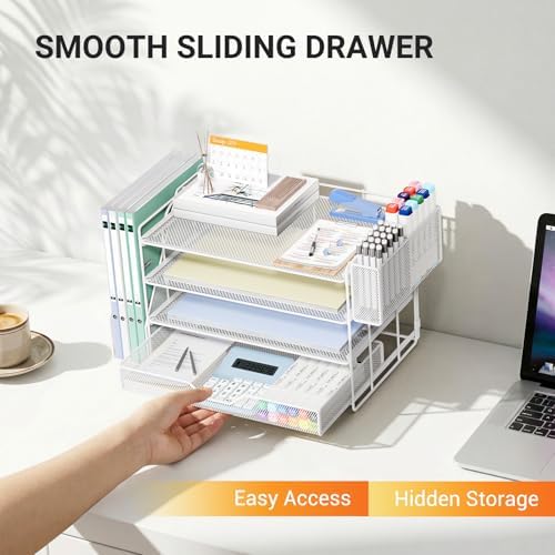OPNICE Desk Organizers and Accessories, 4-Tier Desktop File Organizer with Drawer and Pen Holders, Office Desk Accessories Workspace Organizers for Office Supplies (Soft White)
