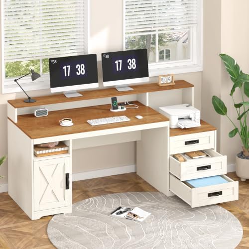 65" Farmhouse Computer Desk with Drawers and Printer Stand for Home Office