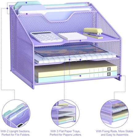 Samstar Purple Desk File Organizer, Mesh Letter File Folder Holder with 3 Paper Trays and 2 Vertical Upright Section, for Office Supplies, Desk Accessories & Workspace, Purple