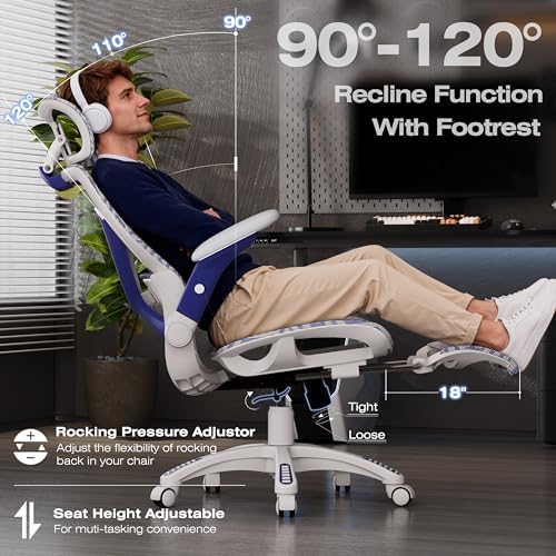 ELABEST X100 Ergonomic Mesh Office Chair with Footrest, Big and Tall Home Desk Chair with 5D Flip-Up Arms, Adjustable 3D Lumbar Support, Gaming & Executive Computer Chair (Cybernetic Pulse)