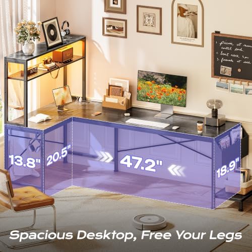 PRAISUN L Shaped Gaming Desk with LED Lights & Power Outlets