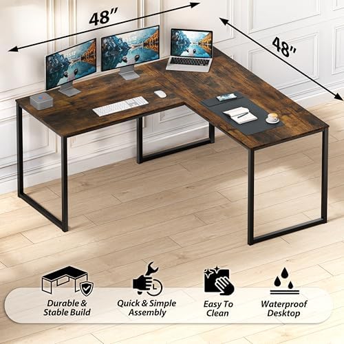 SHW Mission 48 x 48 L-Shape Home Office Computer Desk, Rustic Brown
