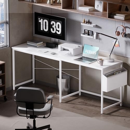 Pamray 47 Inch Reversible L Shaped Gaming Desk Corner Computer Desk with Storage Bag Home Office Table for Writing Study White