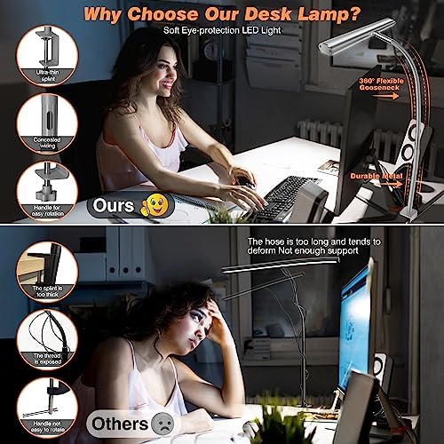 Airlonv LED Desk Lamp with Clamp, 17" Stepless Dimming Light, Grey