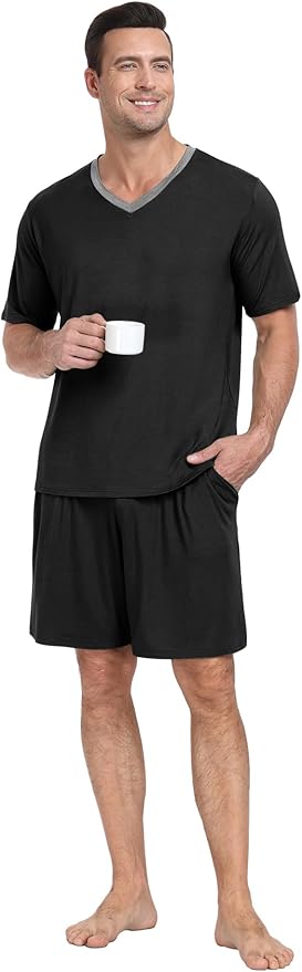 PrinStory Men's Pajama Set Sleepwear Pjs Lightweight Quick Dry Short Sleeve V-Neck Shirts and Shorts Soft Comfy Sleep Sets