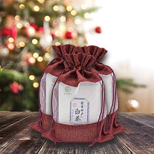 12-Pack Large Linen Burlap & Organza Gift Bags w. Drawstrings (6.5x8.5 in, Maroon) - Party Favors, Presents, Samples & Treats Mesh Pouch by The Display Guys