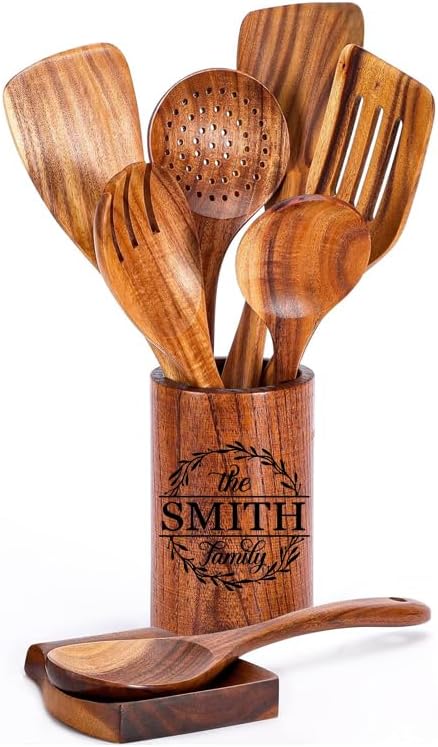 Personalized Wooden Spoons for Cooking, 9 Pcs Wooden Cooking Utensils Set - Custom Engraved Spoon Set - Engraved Kitchen Wooden Spoon Set - Mom Gift- Gift For Her - House Warming Gift