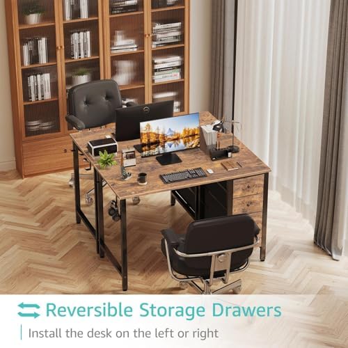 Lufeiya 47 inch Computer Desk with 4 Drawers, Reversible Writing Work Study Desk for Home Office Bedroom, Modern Simple Student PC Desks, Rustic Brown