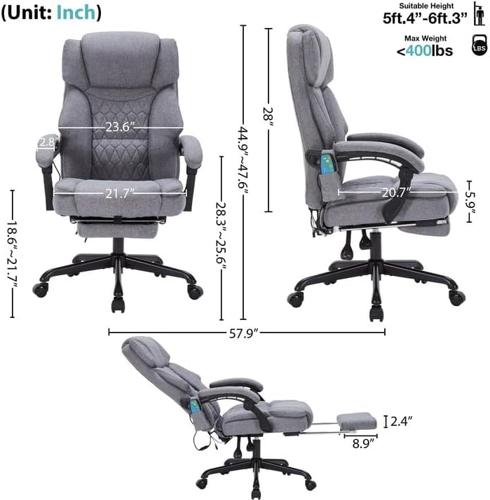 Massage Office Chair with Foot Rest 6 Points Vibration and Heat Home Office Desk Chairs for Heavy People 400lbs Reclining Managerial Chairs Ergonomic Executive Chair (Grey)
