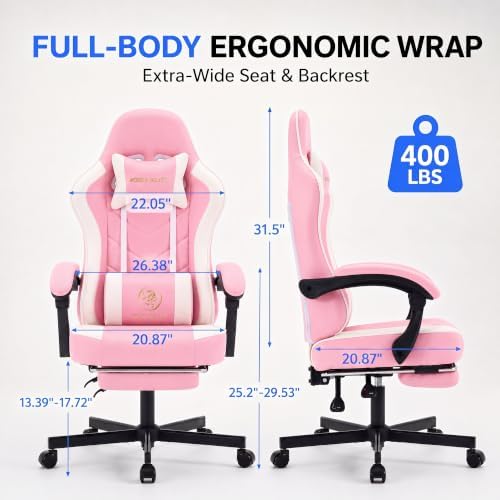 Desk Computer Gaming Chair - High Back Ergonomic Office Chair with Footrest and Lumbar Support, Swivel Comfy Home Gamer Video Game Chairs with Pocket Spring Cushion for Adults (Pink Leather)