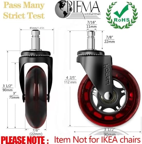 HOSALI Office Chair Casters, 3 Inch Wheels for Office Chair, 11x22mm Rubber Caster Replacement Wheel Safe for All Floors Including Hardwood & Carpet, Set of 5, Red