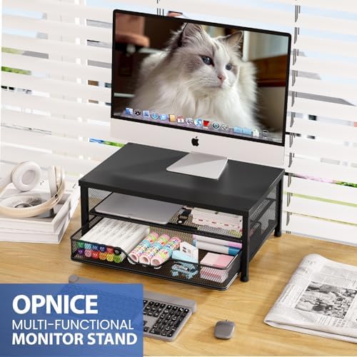 OPNICE Computer Monitor Stand Riser, Desk Organizer with Drawer, Printer & Laptop Stand, Office Desk Accessories & Workspace Desktop Organizers Storage for Office Supplies(Black 2-Pack)