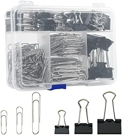 Assorted Size Binder Clips & Jumbo Paper Clips Set - 340pcs Black, Large for Office & School Supplies, in Container with Compartments