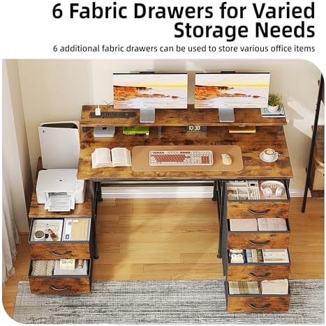 52 Inch Office Desk with 6 Drawers and Printer Space for Storage, Reversible Computer Desk with Monitor Stand & Power Outlets, Home Office Desks, Vintage Brown