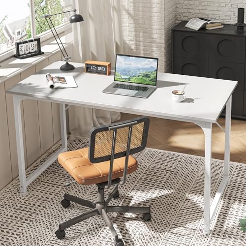 Huuger Computer Desk, 48 Inch Office Desk, Gaming Desk with Storage, Writing Desk Work Desk for Home Office, Study, Modern Simple Desk, Large Legroom, Metal Frame, White