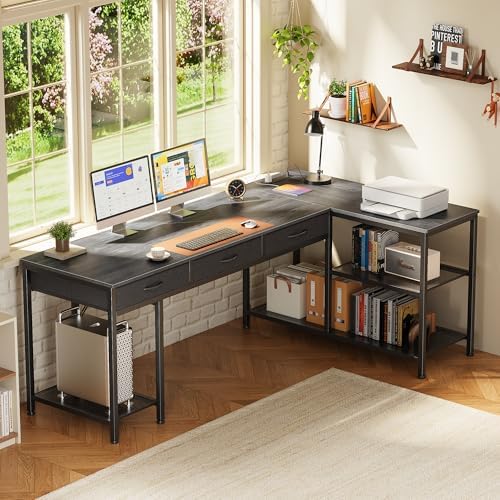 PRAISUN 63 Inch L Shaped Office Desk with Power Outlets and Type-C Port, Large Computer Gaming Desk with 3 Fabric Drawers, Mesh Shelves, Corner Study Work Writing Desk, Grey