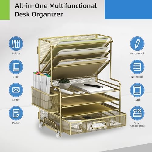 MINDEPOT 4-Tier Paper Organizer + 3-Pocket File Holder + Drawer + Pen Holders, Desktop File Organizers Paper Tray for Office Supplies School Classroom Organization (Gold, with Drawer & Pen Holder)