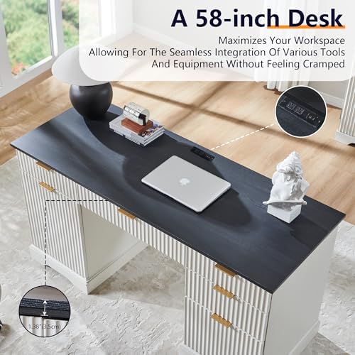 58" Modern Executive Desk with 5 Drawers & 1 Cabinet, Built‑in Outlet