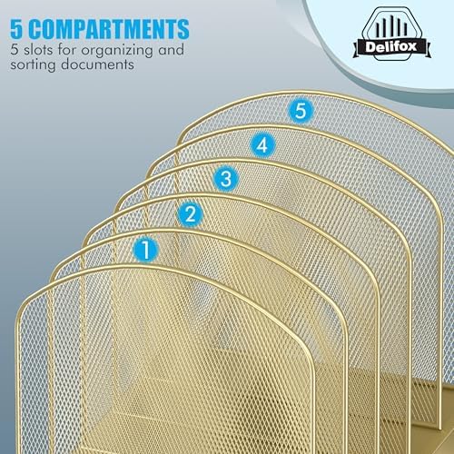 Delifox Inclined Desk File Organizer,Vertical File Folder Holder Stand Metal Rack File Sorter for Office Classroom Desktop Organization (2, Gold, 5)