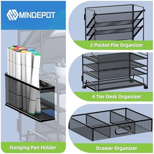 MINDEPOT 4-Tier Paper Organizer + 3-Pocket File Holder + Drawer + Pen Holders, Desktop File Organizers Paper Tray for Office Accessories School Classroom Organization (Black)