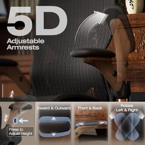 ELABEST X100 Ergonomic Mesh Office Chair with Footrest, Big and Tall Home Desk Chair with 5D Flip-Up Arms, Adjustable 3D Lumbar Support, Gaming & Executive Computer Chair (Library Oak)