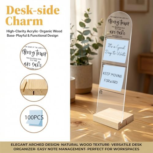 Monitor Memo Board, Sticky Note Holder, Message Board, Acrylic Desk Organizer with Wooden Base with 100Pcs Notes The Name of The Lord is A Strong Tower Proverbs 18:10