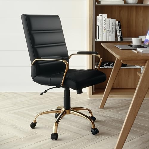 Flash Furniture Mid-Back Black LeatherSoft Executive Swivel Office Chair with Gold Frame and Arms