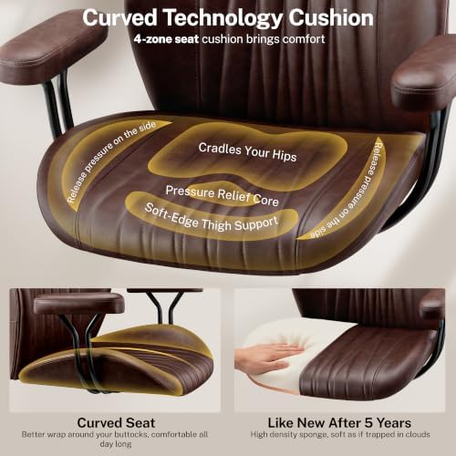 Leather Office Chair with Removable Armrests, Mid Back Ergonomic Desk Chair with Lumbar Support, Adjustable Height Rocking Swivel Executive Chair for Home Office,Reddish Brown