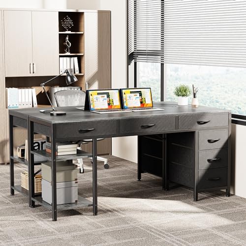 Huuger Computer Desk with 6 Drawers, Office Desk with Shelves, Reversible Gaming Desk, Corner Desk with Storage, Work for Home Office, Study, Living Room, 54inch, Grey