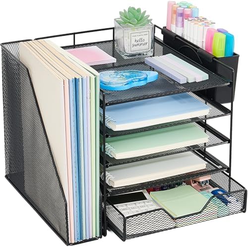 5-Tier Desk File Organizer with Drawer & Pen Holder (Black)