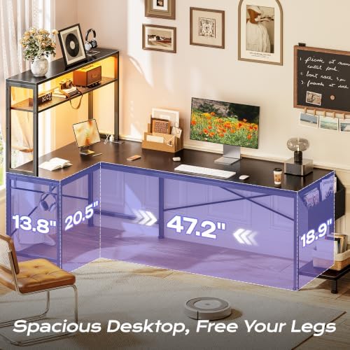 PRAISUN L Shaped Gaming Desk with LED Lights & Power Outlets