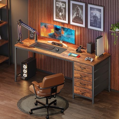 PRAISUN 55.1 Inch Computer Office Desk with Power Outelts and USB-C Port, Reversible Gaming Desk with 4 Fabric Drawers, Work Study Desk Work from Home, Rustic Brown