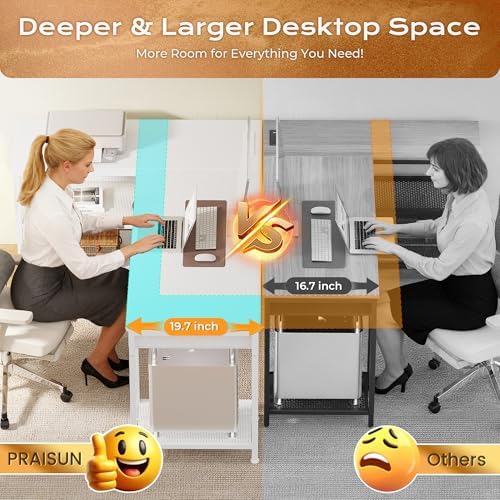 PRAISUN 55 Inch L Shaped Office Desk with Power Outlets and Type-C Port, Large Computer Gaming Desk with 3 Fabric Drawers, Mesh Shelves, Corner Study Work Writing Desk, White