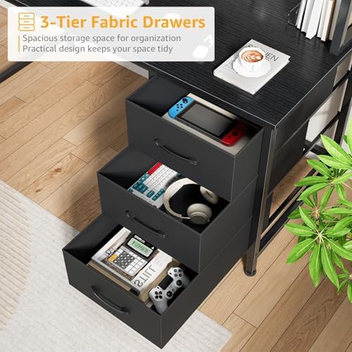 DLisiting Black Computer Desk with Hutch & Drawers - Office Desk with 3 Storage Drawers and Power Outlets, 47 Inch Modern Study Writing Desk for Bedroom Home Office